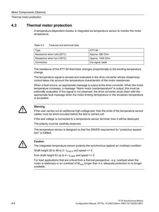 Motor Components (Options)
Thermal motor protection
1FT6 Synchronous Motors
4-4 Configuration Manual, (PFT6), 10.2005 Edition, 6SN1197-0AD02-0BP1
4.3 Thermal motor protection
A temperature-dependent resistor is integrated as temperature sensor to monitor the motor
temperature.
The resistance of the KTY 84 thermistor changes proportionally to the winding temperature
change.
The temperature signal is sensed and evaluated in the drive converter whose closed-loop
control takes into account the temperature characteristic of the motor resistances.
When a fault occurs, an appropriate message is output at the drive converter. When the motor
temperature increases, a message "Alarm motor overtemperature" is output; this must be
externally evaluated. If this signal is not observed, the drive converter shuts down with the
appropriate fault message when the motor limiting temperature or the shutdown temperature
is exceeded.
The temperature sensor is designed so that the DIN/EN requirement for "protective separa-
tion" is fulfilled.
Table 4-3 Features and technical data
Type KTY 84
Resistance when cold (20°C) Approx. 580 Ohm
Resistance when hot (100°C) Approx. 1000 Ohm
Connection Via signal cable
Warning
If the user carries out an additional high-voltage test, then the ends of the temperature sensor
cables must be short-circuited before the test is carried out!
If the test voltage is connected to a temperature sensor terminal, then it will be destroyed.
The polarity must be carefully observed.
Caution
The integrated temperature sensor protects the synchronous against an overload condition
Shaft height 28 to 48 to 2 • I0 60 K and speed <> 0
from shaft height 63 up to 4 • I0 60K and speed <> 0
For load applications that are critical from a thermal perspective - e.g. overload when the
motor is stationary or an overload of Mmax longer than 4 s, adequate protection is no longer
available.
 