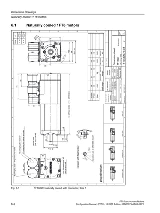 Dimension Drawings
Naturally cooled 1FT6 motors
1FT6 Synchronous Motors
6-2 Configuration Manual, (PFT6), 10.2005 Edition, 6SN1197-0AD02-0BP1
6.1 Naturally cooled 1FT6 motors
Fig. 6-1 1FT602 naturally cooled with connector, Size 1
without
selfcooling/IMB5
plugversion
withoutbrakewithbrake
193
23328
28
2.1
1.2
2.3
1.4
mm
k1
flangeandshaft
tolerancesacc.to
DIN42955
nottoleranced
dimensions±1mm
900.31021.01
plugdirection:
transverse-righttransverse-leftaxial-NDEaxial-DE
aCorrect.mom.ofinertia29.03.00Ki/Tsch
c
portforsealingairM5
bCM50073019.08.03MG/MJ
onlyatIP67/68
cRevision11.08.04Fuß/Re
centrehole
17-poleplugforopticalencoder
56
14.514.5
36
71
14
55
10.2
3
45°±1
2.59.8
20±0.5
4
12
20±0.5
Ø9k6
Ø40j6
Ø63±0.3
Ø
5.8
60
32
k=withoutbrake/k1=withbrake
32
versionwithfeatherkey
deviationacc.toDIN6885sheet1
DESIGN
Sigraph
1FT602.
total
sheets
sheet
No.
E
D
C
B
A
432
8765432
F
E
D
C
A
1
1
1SiemensAG
replacementfor:
Kießner
30.11.99
dept.:A&DMCEWNKT2
repons.:
name:
date:
name/respons.dateinformationindex
scale:
Dimensionsheet
1FT6021
1FT6024
218
258
Mueller
510.30976.01
DIN332DRM8
6-poleplugsize1forpowerandbrake
12-poleplugforresolver
typemmkgmm
shaftheightweight
withoutbrakewithbrake
k
Fittol.Tol.
9k6
+0.010
+0.001
40j6
+0.011
-0.005
 