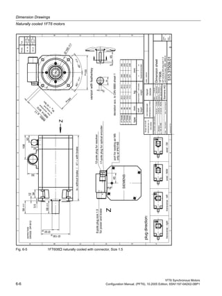 Dimension Drawings
Naturally cooled 1FT6 motors
1FT6 Synchronous Motors
6-6 Configuration Manual, (PFT6), 10.2005 Edition, 6SN1197-0AD02-0BP1
Fig. 6-5 1FT608 naturally cooled with connector, Size 1.5
eConnect.datacorrect.
portforsealingairM5
onlyatIP67/68
Wk/Re
fRevision12.08.04Fuß/Re
centrehole
6-poleplugsize1.5
forpowerandbrake
12-poleplugforresolver
17-poleplugforopticalencoder
gCM:50158627.04.05
22.5
32
45°±0.5°45°±0.5°
45
155
50
32
108
k=withoutbrake/k1=withbrake
58±0.5
Ø32k6
Ø130j6
3.5
12
38
58±0,5
35
10
455
IM
B5:
ø
11
Ø165±0.3
194
deviationacc.toDIN6885sheet1
Z
Z
DIN332DRM12
with/withoutbrakeIMB5(IMB14)
scale:without
1FT6081
1FT6082
1FT6084
1FT608680
80
80
80
25.5
20.5
15.0
12.5
29.0
24.0
16.5
14.0
346
296
246
221
392
342
273
248
versionwithfeatherkey
SIEMENS
1
A
B
C
D
E
F
2345678
1234
A
B
C
D
E
sheet
No.
total
sheets
indexinformationdatename/respons.
date:
name:
respons.:
dept.:A&DMCEWNK-T
14.06.93
Baumeister
replacementfor:
SiemensAG
Dimensionsheet
selfcoolingwithplugsize1.5
510.37509.01
1
1
1FT608.
Sigraph
DESIGN
g
Reimann
plugdirection:
transverse-righttransverse-leftaxial-NDEaxial-DE
flangeandshaft
tolerancesacc.to
DIN42955
nottoleranced
dimensions±1mm
IM
B14:M
10
m
ax.stud
torque
forfixing
bolt
M
=
42
N
m
A
Fuß/MJ23.04.04
height
shaft
weight
withoutbrakewithbrake
resolver/encoder
mmkgmmtype
kk1
Fittol.Tol.
32k6
+0.018
+0.002
130j6
+0.014
-0.011
 