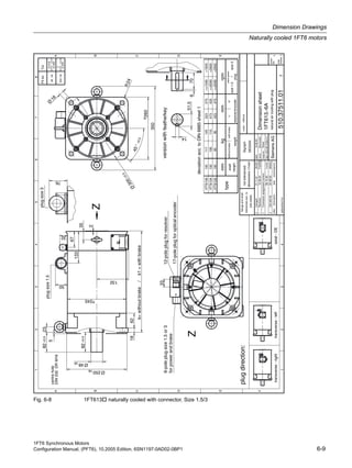 1FT6 Synchronous Motors
Configuration Manual, (PFT6), 10.2005 Edition, 6SN1197-0AD02-0BP1 6-9
Dimension Drawings
Naturally cooled 1FT6 motors
Fig. 6-8 1FT613 naturally cooled with connector, Size 1.5/3
echanged27.11.03Gtz/Dö
fRevision12.08.04Fuß/Re
cConnectorassignmentcorrect.
Fuß/Re08.12.00
plugsize1.5
plugsize3
dCM50073020.08.03MG/MJ
plug
ratedspeed
size1.5size3
shaft
height
12-poleplugforresolver
17-poleplugforopticalencoder
6-poleplugsize1.5or3
forpowerandbrake
centrehole
2
350
32
260
14
51.5
50
23
133
Ø
18
45°±0.5
5
82±0.5
82±0.5
Ø48k6
Ø250h6
1862
k=withoutbrake/k1=withbrake
245
R24
670
132
35
Ø
300±0.5
76
33
67
deviationacc.toDIN6885sheet1
DIN332DRM16
1FT6132
1FT6134
1FT6136
132
132
132117
100
85
125
110
95
523
473
423
573
523
473
Z
versionwithfeatherkey
Z
rpm
<=1500
<=2000
<=2000>2000
>1500
>2000
1
A
B
C
D
E
F
2345678
1234
A
B
C
D
E
sheet
No.
total
sheets
scale:without
indexinformationdatename/respons.
date:
name:
respons.:
dept.:A&DMCEWNK-T
16.06.93
Baumeister
replacementfor:
SiemensAG
Dimensionsheet
naturalaircoolingwithplug
510.37511.01
1
1
1FT613.-6A
Sigraph
DESIGN
f
Doelz
plugdirection:
transverse-righttransverse-leftaxial-DE
flangeandshaft
tolerancesacc.to
DIN42955
nottoleranced
dimensions±1mm
weight
withoutbrakewithbrake
resolver/encoder
mmkgmm
typekk1
Fittol.Tol.
48k6
+0.018
+0.002
250h6
0
-0.029
 