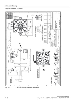 Dimension Drawings
Naturally cooled 1FT6 motors
1FT6 Synchronous Motors
6-10 Configuration Manual, (PFT6), 10.2005 Edition, 6SN1197-0AD02-0BP1
Fig. 6-9 1FT613 naturally cooled with terminal box
fChangeovertoEng.27.11.03Gtz/Dö
typeshaft
height
dept.:
terminalboxgk230
forpowerandbrake
gRevision12.08.04Fuß/Re
centrehole
350
12-poleplugforresolver
17-poleplugforopticalencoder
260
14
51.5
64
23
133
Ø18
45°±0.5
5
82±0.5
82±0.5
Ø48k6
Ø250h6
1862
k=withoutbrake/k1=withbrake
245
R24
670
21
46
28
117
34
122
35
35
132
Ø
300
±0.5
deviationacc.toDIN6885sheet1
Pg9
Pg29
DIN332DRM16
Z
versionwithfeatherkey
Z
1
A
B
C
D
E
F
2345678
1234
A
B
C
D
E
sheet
No.
total
sheets
scale:without
indexinformationdatename/respons.
date:
name:
resspons.:
A&DMCEWNK-T
14.10.91
Faber
replacementfor:
SiemensAG
Dimensionsheet
naturalaircoolingwithterminalbox
510.36722.01
1
1
1FT613.-6A
Sigraph
DESIGN
g
Doelz
cableentry:
transverse-righttransverse-leftaxial-NDEaxial-DE
flangeandshaft
tolerancesacc.to
DIN42955
nottoleranced
dimensions±1mm
1FT6132
1FT6134
1FT6136
132
132
132117
100
85
127
110
95
523
473
423
573
523
473E
mmkgmm
weightresolver/encoder
withoutbrakewithbrakekk1
2
Fittol.Tol.
48k6
+0.018
+0.002
250h6
0
-0.029
 