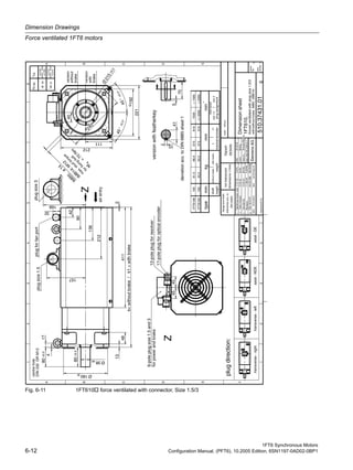 Dimension Drawings
Force ventilated 1FT6 motors
1FT6 Synchronous Motors
6-12 Configuration Manual, (PFT6), 10.2005 Edition, 6SN1197-0AD02-0BP1
Fig. 6-11 1FT610 force ventilated with connector, Size 1.5/3
1500
dTablechanged12.05.03Ke/MJ
ratedspeed
size1.5size3
-1
eCM50073019.08.03MG/MJ
fRevision11.08.04Fuß/Re
centrehole
12-poleplugforresolver
17-poleplugforopticalencoder
6-poleplugsize1.5and3
forpowerandbrake
gCM:50127504.05.058Wk/DGB
45°±0.5°45°±0.5°13
48
Ø38k6
80±0.5
4
80±0.5
Ø180j6
2
411
k=withoutbrake/k1=withbrake
42
136
212
17
41
10
40
IM
B5:
ø
14
240
192
221
111
212
32
157
45
90
455
70
Ø
215±0.5
168
deviationacc.toDIN6885sheet1
DIN332DRM12
with/withoutbrakeIMB5(IMB14)
version
with
brake
version
without
brake
versionwithfeatherkey
1FT6105
1FT6108
100
10061.5
45.550.0
66.0573
473
619
519
Z
Z
plugforfanport
airentry
<=2000>2000
>1500
plugsize3
plugsize1.5
1
A
B
C
D
E
F
2345678
1234
A
B
C
D
E
sheet
No.
total
sheets
scale:without
indexinformationdatename/respons.
date:
name:
respons.:
dept.:A&DMCEWNK-T
25.03.93
Balling
replacementfor:
SiemensAG
Dimensionsheet
forcedventilatedwithplugsize1.5/3
510.37431.01
1
1
1FT610.
Sigraph
DESIGN
g
Grosse-Benne
flangeandshaft
tolerancesacc.to
DIN42955
plugdirection:
transverse-righttransverse-leftaxial-NDEaxial-DE
nottoleranced
dimensions±1mm
IM
B14:M
12
m
ax.stud
torque
forfixing
bolt
M
=
70
N
m
A
cFuß/ReTighteningtorque,add.17.01.00
height
shaft
weight
withoutbrakewithbrake
resolver/encoderplugassignment
mmkgmmmintypee
kk1
Fittol.Tol.
38k6
+0.018
+0.002
180j6
+0.012
-0.013
 