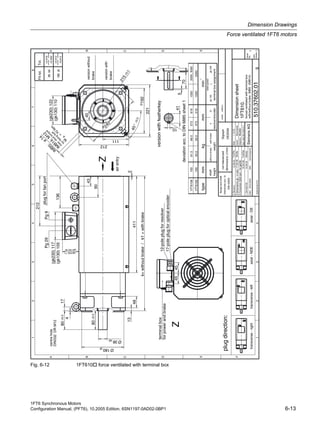 1FT6 Synchronous Motors
Configuration Manual, (PFT6), 10.2005 Edition, 6SN1197-0AD02-0BP1 6-13
Dimension Drawings
Force ventilated 1FT6 motors
Fig. 6-12 1FT610 force ventilated with terminal box
1500
1500
(gk130)66
12.04.02Fuß/Se
gFuß/ReRevision12.08.04
dDimensionsgk-inadd.17.02.00Sö/Se
eCorrection2000rpm-forgk230.
min
-1
terminalboxassignment
ratedspeed
gk130gk230
fCM50073019.08.03MG/MJ
brake
brake
centrehole
Fittol.Tol.
38k6
180j6
+0.018
+0.002
+0.012
-0.013
terminalbox
forpowerandbrake
12-poleplugforresolver
17-poleplugforopticalencoder
45°±0.5
height
shaft
weight
withoutbrakewithbrake
resolver/encoder
mmkgmmtype
kk1
(gk130)110
(gk130)105
13
48
Ø38k6
80±0.5
4
80±0.5
Ø180j6
2
411
k=withoutbrake/k1=withbrake
43
136
212
17
41
10
40
IM
B5:
ø
14
240
192
221
111
212
45
90
45
5
70
215±0.5
(gk230)71
(gk230)122
(gk230)117
deviationacc.toDIN6885sheet1
DIN332DRM12
with/withoutbrakeIMB5(IMB14)
versionwith
versionwithout
versionwithfeatherkey
1FT6105
1FT6108
100
10061.5
45.550.0
66.0573
473
619
519
Z
Z
plugforfanport
airentry
2000
2000,3000
Pg29Pg9
1
A
B
C
D
E
F
2345678
1234
A
B
C
D
E
sheet
No.
total
sheets
scale:without
indexinformationdatename/respons.
date:
name:
respons.:
dept.:A&DMCEWNK-T
1.12.93
Baumeister
replacemantfor:
SiemensAG
Dimensionsheet
forcedventilatedwithterminalbox
510.37602.01
1
1
1FT610.
Sigraph
DESIGN
g
Mueller
flangeandshaft
tolerancesacc.to
DIN42955
plugdirection:
transverse-righttransverse-leftaxial-NDEaxial-DE
nottoleranced
dimensions±1mm
IM
B14:M
12
m
ax.stud
torque
forfixing
bolt
M
=
70
N
m
A
 
