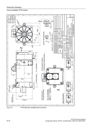 Dimension Drawings
Force ventilated 1FT6 motors
1FT6 Synchronous Motors
6-14 Configuration Manual, (PFT6), 10.2005 Edition, 6SN1197-0AD02-0BP1
Fig. 6-13 1FT613 force ventilated with connector
aCM.242428731.01.96Sc
bConnect.correct.indiag02.06.99Wd/Ke
cChangeovertoEng+CM501017
27.11.03Gtz/Dödept.:
shaft
height
type
airoutlet
6-poleplugsize3
forpowerandbrake
dRevision12.08.04Fuß/Re
centrehole
drivenfanconnection
12-poleplugforresolver
17-poleplugforopticalencoder
350
260
14
51.5
76
23
133
Ø
18
45°±0.5
5
82±0.5
82±0.5
Ø48k6
Ø250h6
1862
k=withoutbrake/k1=withbrake
245
670
R24
252
120
132
35
67
Ø300±0.5
deviationacc.toDIN6885sheet1
DIN332DRM16
Z
versionwithfeatherkey
Z
resolver/encoder
airinlet
Pg11forseperately
380V3~50/60Hz
1
A
B
C
D
E
F
2345678
1234
A
B
C
D
E
sheet
No.:
total
sheets:
scale:without
indexinformationdatename/respons.
date:
name:
respons.:
A&DMCEWNK-T
17.06.93
Baumeister
replacementfor:
SiemensAG
Dimensionsheet
seperateventilationwithplug
510.37516.01
1
1
1FT613.-6S
Sigraph
DESIGN
d
Doelz
plugdirection
transverse-righttransverse-leftaxial-DE
flangeandshaft
tolerancesacc.to
DIN42955
nottoleranced
dimensions±1mm
1FT6132
1FT6134
1FT6136
132
132
132123
106
91
131
116
101
641
591
541
691
641
591E
mmkgmm
weight
withoutbrakewithbrakekk1
Fittol.Tol.
48k6
+0.018
+0.002
250h6
0
-0.029
 