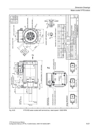 1FT6 Synchronous Motors
Configuration Manual, (PFT6), 10.2005 Edition, 6SN1197-0AD02-0BP1 6-21
Dimension Drawings
Water-cooled 1FT6 motors
Fig. 6-20 1FT610 water-cooled with terminal box, rated speed = 3000 RPM
waterconnectionG3/8
waterconnectionG3/8
12-poleplugforresolver
aUpdatedraw.07.05.01Fuß/Re
c
CM501101b09.01.04Ste/JM
name/respons.
1FT6108
1FT6105
100
100
61.5
45.5
66.0
50.0
470
370
516
416
3000
3000
typemmkgmm
shaftwithoutbrakewithbrakekk1gk420
weightresolver/encoderterminalbox
min
ratedspeed
()
-1
portforsealingairM5
onlyatIP67/68
waterconnection
forpossiblewaterconnections
lookat510.30350.01
height
cRevision12.08.04Fuß/Re
terminalboxfor
powerandbrake
centrehole
17-poleplugforopticalencoder
76
40
110
10
110
10
8496
33
37
80
2732
162
27
96
96
95
22.5
Pg36Pg9
192
155
80±0.5
13
k=withoutbrake/k1=withbrake
17
40
240
IM
B5:
ø
14
45°±0.5
Ø38k6
Ø180j6
4
48
80±0.5
570
215±0.5
41
10
deviationacc.toDIN6885sheet1
DIN332DRM12
watercoolingwithterminalbox
with/withoutbrakeIMB5(IMB14)
versionwithfeatherkey
Z
Z
SIEMENS
versionwithbrake
versionwithoutbrake
1
A
B
C
D
E
F
2345678
1234
A
B
C
D
E
sheet-
No.
total
sheets
scale:without
indexinformationdate
date:
name:
respons.:
dept.:A&DMCEWNK-T
05.09.2000
Voll
replacementfor:
SiemensAG
Dimensionsheet
510.36203.51
1
1
1FT610.
Sigraph
DESIGN
Mueller
plugdirection:
transverse-righttransverse-leftaxial-NDE
flangeandshaft
tolerancesacc.to
DIN42955
nottoleranced
dimensions±1mm
IM
B14:M
12
m
ax.stud
torque
forfixing
bolt
M
=
70
N
m
A
Fittol.Tol.
38k6
+0.018
+0.002
180j6
+0.012
-0.013
 