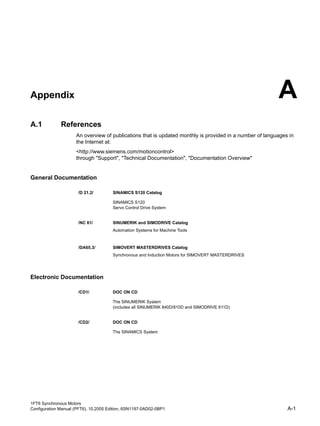 1FT6 Synchronous Motors
Configuration Manual (PFT6), 10.2005 Edition, 6SN1197-0AD02-0BP1 A-1
Appendix A
A.1 References
An overview of publications that is updated monthly is provided in a number of languages in
the Internet at:
<http://www.siemens.com/motioncontrol>
through "Support", "Technical Documentation", "Documentation Overview"
General Documentation
Electronic Documentation
/D 21.2/ SINAMICS S120 Catalog
SINAMICS S120
Servo Control Drive System
/NC 61/ SINUMERIK and SIMODRIVE Catalog
Automation Systems for Machine Tools
/DA65.3/ SIMOVERT MASTERDRIVES Catalog
Synchronous and Induction Motors for SIMOVERT MASTERDRIVES
/CD1/ DOC ON CD
The SINUMERIK System
(includes all SINUMERIK 840D/810D and SIMODRIVE 611D)
/CD2/ DOC ON CD
The SINAMICS System
 