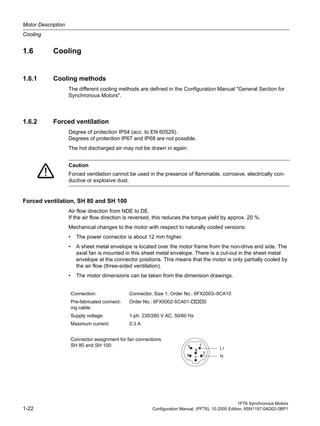 Motor Description
Cooling
1FT6 Synchronous Motors
1-22 Configuration Manual, (PFT6), 10.2005 Edition, 6SN1197-0AD02-0BP1
1.6 Cooling
1.6.1 Cooling methods
The different cooling methods are defined in the Configuration Manual "General Section for
Synchronous Motors".
1.6.2 Forced ventilation
Degree of protection IP54 (acc. to EN 60529).
Degrees of protection IP67 and IP68 are not possible.
The hot discharged air may not be drawn in again.
Forced ventilation, SH 80 and SH 100
Air flow direction from NDE to DE.
If the air flow direction is reversed, this reduces the torque yield by approx. 20 %.
Mechanical changes to the motor with respect to naturally cooled versions:
• The power connector is about 12 mm higher.
• A sheet metal envelope is located over the motor frame from the non-drive end side. The
axial fan is mounted in this sheet metal envelope. There is a cut-out in the sheet metal
envelope at the connector positions. This means that the motor is only partially cooled by
the air flow (three-sided ventilation).
• The motor dimensions can be taken from the dimension drawings.
Caution
Forced ventilation cannot be used in the presence of flammable, corrosive, electrically con-
ductive or explosive dust.
Connection: Connector, Size 1, Order No.: 6FX2003–0CA10
Pre-fabricated connect-
ing cable:
Order No.: 6FX5002-5CA01- 0
Supply voltage: 1-ph. 230/260 V AC, 50/60 Hz
Maximum current: 0.3 A
Connector assignment for fan connections
SH 80 and SH 100:
L1
N
1
24
5
6
 