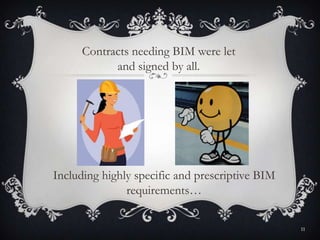 Contracts needing BIM were let
and signed by all.
11
Including highly specific and prescriptive BIM
requirements…
 