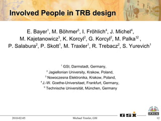 Involved People in TRB design

        E. Bayer1, M. Böhmer5, I. Fröhlich4, J. Michel4,
     M. Kajetanowicz3, K. Korcyl2, G. Korcyl2, M. Palka1,2 ,
P. Salabura2, P. Skott1, M. Traxler1, R. Trebacz2, S. Yurevich1


                          1
                              GSI, Darmstadt, Germany,
                 2
                      Jagiellonian University, Krakow, Poland,
                   3
                     Nowoczesna Elektronika, Krakow, Poland,
              4
                J.-W. Goethe-Universitaet, Frankfurt, Germany,
                 5
                    Technische Universität, München, Germany




 2010-02-05                        Michael Traxler, GSI           12
 