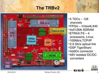 The TRBv2

                                                                
                                                                 4 TDCs – 128
                                    TDC 2, 3                      channels
                                                                
                                                                 FPGA – Virtex4LX40
                                                 Optical link
                                                                
                                                                 4x512Mb SDRAM
                                   SDRAM
      TDC                                                       
                                                                 ETRAX FS – 4
      0, 1
                                                                  processors, Linux
                         FPGA
                         Virtex4
                                                                
                                                                 100Mb/s,TCP/IP
                                         DSP                    
                                                                 2,5 Gb/s optical link
                                                                
                                                                 DSP TigerSharc
                                                                
                                                                 AddOn connector
                ETRAX                        DC/DC
                                                                
                                                                 48V isolated DC/DC
                        SDRAM
                                                                  converters
Ethernet



   2010-02-05                           Michael Traxler, GSI                         4
 