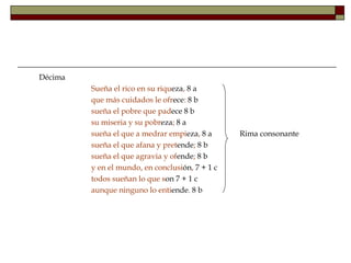 Décima
         Sueña el rico en su riqueza, 8 a
         que más cuidados le ofrece: 8 b
         sueña el pobre que padece 8 b
         su miseria y su pobreza; 8 a
         sueña el que a medrar empieza, 8 a      Rima consonante
         sueña el que afana y pretende; 8 b
         sueña el que agravia y ofende; 8 b
         y en el mundo, en conclusión, 7 + 1 c
         todos sueñan lo que son 7 + 1 c
         aunque ninguno lo entiende. 8 b
 