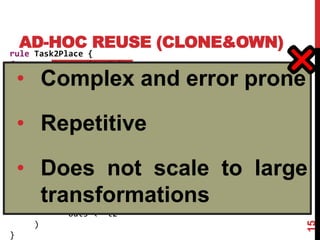 AD-HOC REUSE (CLONE&OWN)
15
rule Task2Place {
from t : Process!Activity
to p : PN!Place (
name <- t.ident,
tokens <- if t.oclIsTypeOf(Process!InitialActivity) then
1 else 0 endif
)
}
rule next2Transition {
from t1 : Process!Activity,
t2 : Process!Activity
(Process!FlowEdge.allInstances()->exist(e |
e.from=t1 and e.to=t2))
to tr : PN!Transition (
inps <- t1,
outs <- t2
)
}
• Complex and error prone
• Repetitive
• Does not scale to large
transformations
 