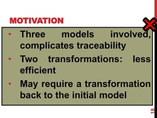 MOTIVATION
18
rule Activity2Task {
from t : Activities!Activity
to p : Process!Task (
name <- t.ident,
initial <- t.oclIsKindOf(Activities!InitialActivity),
next <- Activities!FlowEdge.allInstances()->
select (e | e.from = t)->
collect(e | e.to )
)
}
• Three models involved,
complicates traceability
• Two transformations: less
efficient
• May require a transformation
back to the initial model
 