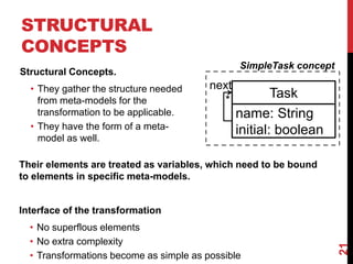21
STRUCTURAL
CONCEPTS
Structural Concepts.
• They gather the structure needed
from meta-models for the
transformation to be applicable.
• They have the form of a meta-
model as well.
SimpleTask concept
Task
name: String
initial: boolean
next
*
Their elements are treated as variables, which need to be bound
to elements in specific meta-models.
Interface of the transformation
• No superflous elements
• No extra complexity
• Transformations become as simple as possible
 