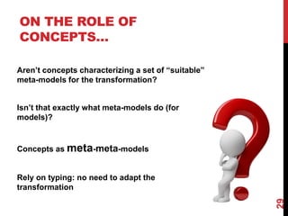 ON THE ROLE OF
CONCEPTS…
Aren’t concepts characterizing a set of “suitable”
meta-models for the transformation?
Isn’t that exactly what meta-models do (for
models)?
Concepts as meta-meta-models
Rely on typing: no need to adapt the
transformation
29
 