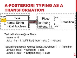 A-POSTERIORI TYPING AS A
TRANSFORMATION
47
Task
name: String
initial: boolean
next
Place
Transitionid: String
tokens: int
inps
outs
*
*
task2PN
Task.allInstances()  Place
name  id
/toks : int = if (self.initial) then 1 else 0  tokens
Task.allInstances()->select(t|t.next.isDefined())  Transition
/prevs : Task[*] = Set{self}  inps
/nexts : Task[*] = Set{self.next}  outs
0..1
 