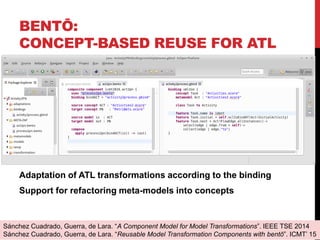 BENTŌ:
CONCEPT-BASED REUSE FOR ATL
Adaptation of ATL transformations according to the binding
Support for refactoring meta-models into concepts
52
Sánchez Cuadrado, Guerra, de Lara. “A Component Model for Model Transformations”. IEEE TSE 2014
Sánchez Cuadrado, Guerra, de Lara. “Reusable Model Transformation Components with bentō”. ICMT’ 15
 
