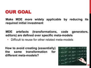 OUR GOAL
6
Make MDE more widely applicable by reducing its
required initial investment
MDE artefacts (transformations, code generators,
editors) are defined over specific meta-models
• Difficult to reuse for other related meta-models
How to avoid creating (essentially)
the same transformation for
different meta-models?
 