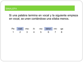 Si una palabra termina en vocal y la siguiente empieza
en vocal, se unen contándose una sílaba menos.
Pe- -roel- -mo- -li- -no- -lahor- -mi- -ga
1 2 3 4 5 6 7 8
SINALEFA
 