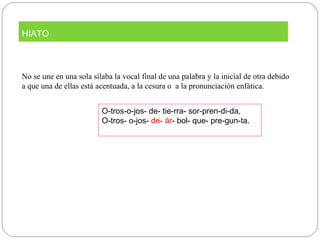 No se une en una sola sílaba la vocal final de una palabra y la inicial de otra debido
a que una de ellas está acentuada, a la cesura o a la pronunciación enfática.
HIATO
O-tros-o-jos- de- tie-rra- sor-pren-di-da,
O-tros- o-jos- de- ár- bol- que- pre-gun-ta.
 