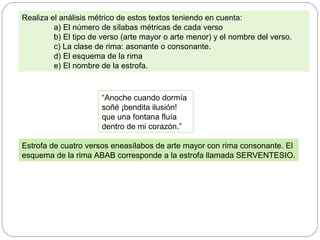 “Anoche cuando dormía
soñé ¡bendita ilusión!
que una fontana fluía
dentro de mi corazón.”
Realiza el análisis métrico de estos textos teniendo en cuenta:
a) El número de sílabas métricas de cada verso
b) El tipo de verso (arte mayor o arte menor) y el nombre del verso.
c) La clase de rima: asonante o consonante.
d) El esquema de la rima
e) El nombre de la estrofa.
Estrofa de cuatro versos eneasílabos de arte mayor con rima consonante. El
esquema de la rima ABAB corresponde a la estrofa llamada SERVENTESIO.
 