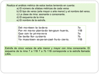 Realiza el análisis métrico de estos textos teniendo en cuenta:
a) El número de sílabas métricas de cada verso
b) El tipo de verso (arte mayor o arte menor) y el nombre del verso.
c) La clase de rima: asonante o consonante.
d) El esquema de la rima
e) El nombre de la estrofa.
Del- mo-nteen- la- la-de-ra 7a
Por- mi- ma-no- plan-ta-do- ten-goun- huer-to, 11B
Que- con- la- pri-ma-ve-ra 7a
De- be-lla- flor- cu-bier-to 7b
Ya- mues-traen- es-pe-ran-zael- fru-to- cier-to. 11B
Estrofa de cinco versos de arte menor y mayor con rima consonante. El
esquema de la rima 7 a 11B 7 a 7b 11B corresponde a la estrofa llamada
LIRA.
 