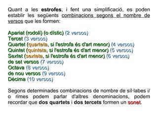 Quant a les  estrofes , i fent una simplificació, es poden establir les següents  combinacions segons el nombre de versos  que les formen: Apariat (rodolí) (o dístic)  (2 versos) Tercet  (3 versos) Quartet ( quarteta , si l'estrofa és d'art menor)  (4 versos) Quintet ( quinteta , si l'estrofa és d'art menor)  (5 versos) Sextet ( sexteta , si l'estrofa és d'art menor)  (6 versos) de set versos  (7 versos) Octava  (8 versos) de nou versos  (9 versos) Dècima  (10 versos)   Segons determinades combinacions de nombre de síl·labes i/o rimes podem parlar d'altres denominacions, podem recordar que  dos quartets  i  dos tercets  formen un  sonet . 