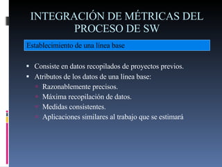 INTEGRACIÓN DE MÉTRICAS DEL PROCESO DE SW <ul><li>Consiste en datos recopilados de proyectos previos. </li></ul><ul><li>At...