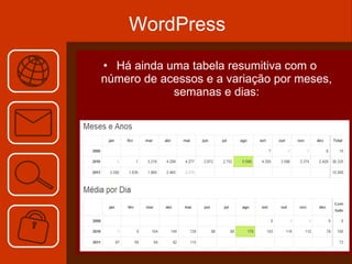 WordPress Há ainda uma tabela resumitiva com o número de acessos e a variação por meses, semanas e dias: 