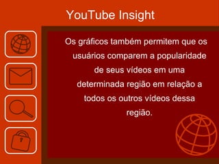 YouTube Insight Os gráficos também permitem que os usuários comparem a popularidade de seus vídeos em uma determinada região em relação a todos os outros vídeos dessa região. 