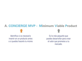 A. CONCIERGE MVP - Minimum Viable Product 
Identifica si es necesario 
invertir en un producto antes 
o si puedes hacerlo tu mismo 
Es lo más pequeño que 
puedes desarrollar para crear 
el valor que prometes a tu 
mercado. 
 