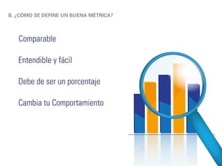 B. ¿CÓMO SE DEFINE UN BUENA MÉTRICA? 
Comparable 
Entendible y fácil 
Debe de ser un porcentaje 
Cambia tu Comportamiento 
 
