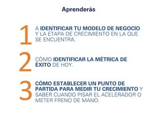 Aprenderás 
A IDENTIFICAR TU MODELO DE NEGOCIO 
Y LA ETAPA DE CRECIMIENTO EN LA QUE 
SE ENCUENTRA. 1 
CÓMO IDENTIFICAR LA MÉTRICA DE 
ÉXITO DE HOY. 2 
3 
CÓMO ESTABLECER UN PUNTO DE 
PARTIDA PARA MEDIR TU CRECIMIENTO Y 
SABER CUANDO PISAR EL ACELERADOR O 
METER FRENO DE MANO. 
 