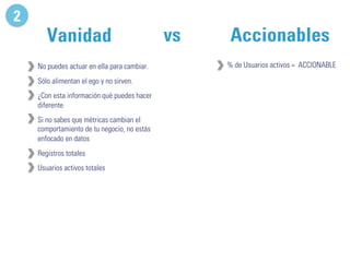2 
Vanidad vs Accionables 
No puedes actuar en ella para cambiar. 
Sólo alimentan el ego y no sirven. 
¿Con esta información qué puedes hacer 
diferente 
Si no sabes que métricas cambian el 
comportamiento de tu negocio, no estás 
enfocado en datos 
Registros totales 
Usuarios activos totales 
% de Usuarios activos = ACCIONABLE 
 