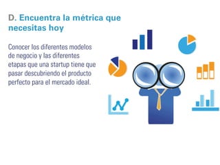 E. La única métrica que 
importa 
• Inculca una disciplina de medir datos. 
• Lean Startup es estar enfocado en la cosa correcta en el 
tiempo correcto con la mentalidad o mind-set correcta. 
• Es fundamental enfocarse en una etapa a la vez. 
• Escoge una métrica clave para definir los avances durante 
cada etapa, evoluciona y cambia tu métrica conformes pasas 
a la siguiente etapa 
• La única métrica que importa es el número de todo tu equipo 
que esté enfocado al 100 sobre todas las cosas en la etapa 
actual. 
• Define tu etapa 
 