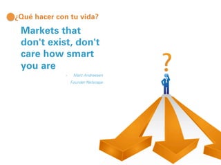 ¿Qué hacer con tu vida? 
Markets that 
don't exist, don't 
care how smart 
you are 
- Marc Andreesen 
Founder Netscape 
 
