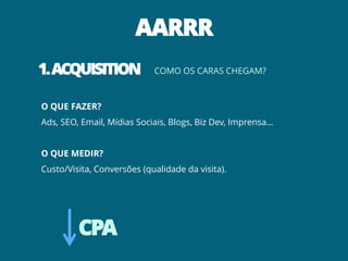 AARRR
1.ACQUISITION COMO OS CARAS CHEGAM?
O QUE FAZER?
Ads, SEO, Email, Mídias Sociais, Blogs, Biz Dev, Imprensa…
O QUE MEDIR?
Custo/Visita, Conversões (qualidade da visita).
CPA
 