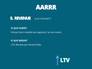 AARRR
5. REVENUE            ELES PAGAM???



O QUE FAZER?
Pensar bom modelo de negócios. Se vira mané.


O QUE MEDIR?
LTV, Receita por fonte/mídia




                                          LTV
 