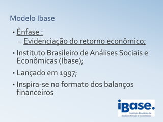 Modelo Ibase
• Ênfase :
  – Evidenciação do retorno econômico;
• Instituto Brasileiro de Análises Sociais e
  Econômicas (Ibase);
• Lançado em 1997;
• Inspira-se no formato dos balanços
  financeiros
 