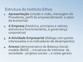 Estrutura do Instituto Ethos
1.   Apresentação (missão e visão, mensagem do
     Presidente, perfil do empreendimento e setor
     da economia)
2.   A Empresa (histórico, princípios e valores,
     estrutura e funcionamento, e governança
     corporativa)
3.   A Atividade Empresarial (diálogo com partes
     interessadas e os indicadores de desempenho)
4.   Anexos (demonstrativo do Balanço Social -
     modelo IBASE -, iniciativas de interesse da
     sociedade - projetos sociais -, e notas gerais).
 