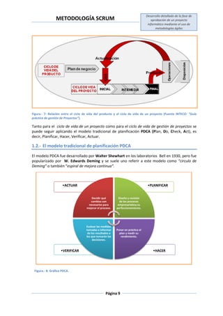 METODOLOGÍA SCRUM
Desarrollo detallado de la fase de
aprobación de un proyecto
informático mediante el uso de
metodologías ágiles
Página 9
Figura.- 7: Relación entre el ciclo de vida del producto y el ciclo de vida de un proyecto (Fuente INTECO: “Guía
práctica de gestión de Proyectos”).
Tanto para el ciclo de vida de un proyecto como para el ciclo de vida de gestión de proyectos se
puede seguir aplicando el modelo tradicional de planificación PDCA (Plan, Do, Check, Act), es
decir, Planificar, Hacer, Verificar, Actuar.
1.2.- El modelo tradicional de planificación PDCA
El modelo PDCA fue desarrollado por Walter Shewhart en los laboratorios Bell en 1930, pero fue
popularizado por W. Edwards Deming y se suele uno referir a este modelo como “circulo de
Deming” o también “espiral de mejora continua”.
Figura.- 8: Gráfico PDCA.
•HACER•VERIFICAR
•PLANIFICAR•ACTUAR
Decidir qué
cambios son
necesarios para
mejorar el proceso.
Diseño y revisión
de los procesos
empresarialesy su
perfeccionamiento.
Poner en práctica el
plan y medir su
rendimiento.
Evaluar las medidas
tomadas e informar
de los resultados a
los que tomarán las
decisiones.
 