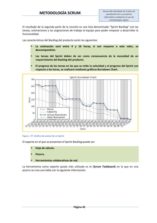 METODOLOGÍA SCRUM
Desarrollo detallado de la fase de
aprobación de un proyecto
informático mediante el uso de
metodologías ágiles
Página 45
El resultado de la segunda parte de la reunión es una lista denominada “Sprint Backlog” con las
tareas, estimaciones y las asignaciones de trabajo al equipo para poder empezar a desarrollar la
funcionalidad.
Las características del Backlog del producto serán las siguientes:
 La estimación será entre 4 y 16 horas, si son mayores a este valor, se
descompondrán.
 Las tareas del Sprint deben de ser como consecuencia de la necesidad de un
requerimiento del Backlog del producto.
 El progreso de las tareas en las que se mide la velocidad y el progreso del Sprint con
respecto a las horas, se realizará mediante gráficos Burndown Chart.
Figura.- 27: Gráfico de avance de un Sprint
El soporte en el que se presentan el Sprint Backlog puede ser:
 Hoja de cálculo.
 Pizarra.
 Herramientas colaborativas de red.
La herramienta como soporte quizás más utilizada es el (Scrum Taskboard) en la que en una
pizarra se crea una tabla con la siguiente información:
 
