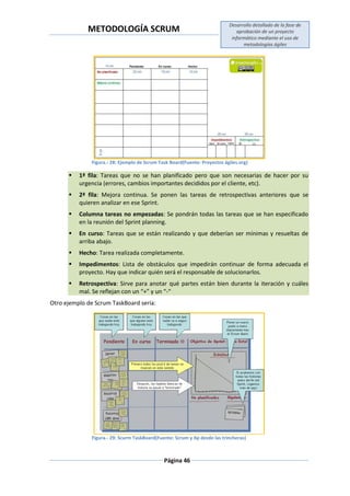 METODOLOGÍA SCRUM
Desarrollo detallado de la fase de
aprobación de un proyecto
informático mediante el uso de
metodologías ágiles
Página 46
Figura.- 28: Ejemplo de Scrum Task Board(Fuente: Proyectos ágiles.org)
 1ª fila: Tareas que no se han planificado pero que son necesarias de hacer por su
urgencia (errores, cambios importantes decididos por el cliente, etc).
 2ª fila: Mejora continua. Se ponen las tareas de retrospectivas anteriores que se
quieren analizar en ese Sprint.
 Columna tareas no empezadas: Se pondrán todas las tareas que se han especificado
en la reunión del Sprint planning.
 En curso: Tareas que se están realizando y que deberían ser mínimas y resueltas de
arriba abajo.
 Hecho: Tarea realizada completamente.
 Impedimentos: Lista de obstáculos que impedirán continuar de forma adecuada el
proyecto. Hay que indicar quién será el responsable de solucionarlos.
 Retrospectiva: Sirve para anotar qué partes están bien durante la iteración y cuáles
mal. Se reflejan con un “+” y un “-“
Otro ejemplo de Scrum TaskBoard sería:
Figura.- 29: Scurm TaskBoard(Fuente: Scrum y Xp desde las trincheras)
 
