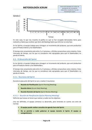 METODOLOGÍA SCRUM
Desarrollo detallado de la fase de
aprobación de un proyecto
informático mediante el uso de
metodologías ágiles
Página 49
Ejemplo 3:
Trabajorestante
(puntosdehistoria) 50
40
30
20
10
0
1 2 3 4 5 8 9 10 11 12 15 16 17 18 19
En este caso, lo que nos muestra el gráfico es que se han escogido demasiados ítems para
realizarlo y habría que analizar qué ítems del Backlog habría que eliminar en esta fase.
En los Sprints, el equipo trabaja para conseguir un incremento del producto, que será productivo
para el Product Owner y los Stakeholders.
El tiempo más conveniente está entre 2 y 4 semanas, o 30 días consecutivos como máximo. Estos
intervalos de tiempo, son los que se consideran más apropiados para que el Stakeholders no
pierda el interés.
4.3.- El desarrollo del Sprint
En los Sprints, el equipo trabaja para conseguir un incremento del producto, que será productivo
para el Producto Owner y los Stakeholders.
El tiempo más conveniente está entre 2 y 4 semanas, o 30 días consecutivos como máximo. Estos
intervalos de tiempo, son los que se consideran más apropiados para que el Stakeholders no
pierda el interés.
4.3.1.- Reuniones del Sprint
Durante la ejecución del Sprint se van a realizar 3 reuniones:
 Reunión de Planificación (Sprint Planning Meeting).
 Reunión diaria (Scrum Daily Meeting).
 Reunión Revisión del Sprint (Sprint Review Meeting).
4.3.1.1 Reunión de Planificación (Sprint Planning Meeting)
Definirán qué tareas se tienen que realizar y cuáles son los objetivos.
Una vez definidos, el equipo comienza su desarrollo, pero teniendo en cuenta una serie de
normas:
 El equipo puede realizar consultas de agenda fuera del Sprint.
 No se permite a nadie gobernar al equipo durante el Sprint. El equipo se
autogestionará.
Tiempo
 
