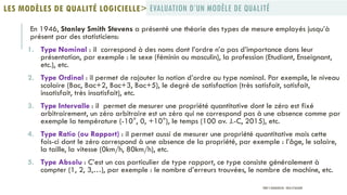 En 1946, Stanley Smith Stevens a présenté une théorie des types de mesure employés jusqu’à
présent par des statisticiens:
1. Type Nominal : il correspond à des noms dont l’ordre n’a pas d’importance dans leur
présentation, par exemple : le sexe (féminin ou masculin), la profession (Etudiant, Enseignant,
etc.), etc.
2. Type Ordinal : il permet de rajouter la notion d’ordre au type nominal. Par exemple, le niveau
scolaire (Bac, Bac+2, Bac+3, Bac+5), le degré de satisfaction (très satisfait, satisfait,
insatisfait, très insatisfait), etc.
3. Type Intervalle : il permet de mesurer une propriété quantitative dont le zéro est fixé
arbitrairement, un zéro arbitraire est un zéro qui ne correspond pas à une absence comme par
exemple la température (-10°, 0, +10°), le temps (100 av. J.-C, 2015), etc.
4. Type Ratio (ou Rapport) : il permet aussi de mesurer une propriété quantitative mais cette
fois-ci dont le zéro correspond à une absence de la propriété, par exemple : l’âge, le salaire,
la taille, la vitesse (0km/h, 80km/h), etc.
5. Type Absolu : C’est un cas particulier de type rapport, ce type consiste généralement à
compter (1, 2, 3,…), par exemple : le nombre d’erreurs trouvées, le nombre de machine, etc.
EVALUATION D’UN MODÈLE DE QUALITÉLES MODÈLES DE QUALITÉ LOGICIELLE>
PROF Y.BOUKOUCHI - ENSA D'AGADIR
 