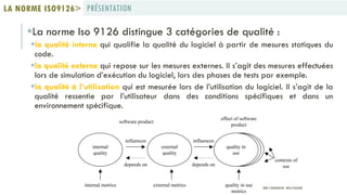 La norme Iso 9126 distingue 3 catégories de qualité :
la qualité interne qui qualifie la qualité du logiciel à partir de mesures statiques du
code.
la qualité externe qui repose sur les mesures externes. Il s’agit des mesures effectuées
lors de simulation d’exécution du logiciel, lors des phases de tests par exemple.
la qualité à l’utilisation qui est mesurée lors de l’utilisation du logiciel. Il s’agit de la
qualité ressentie par l’utilisateur dans des conditions spécifiques et dans un
environnement spécifique.
software product
effect of software
product
quality in use
metrics
quality in
use
internal
quality
internal metrics external metrics
external
quality
contexts of
usedepends on
influences influences
depends on
PRÉSENTATIONLA NORME ISO9126>
PROF Y.BOUKOUCHI - ENSA D'AGADIR
 