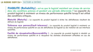 FIABILITE (Reliability) : est-ce que le logiciel maintient son niveau de service
dans des conditions précises et pendant une période déterminée ? La capacité du
produit logiciel à maintenir un niveau de performance spécifié lorsqu'il est utilisé
des conditions critiques.
Maturité (Maturity) : La capacité du produit logiciel à éviter les défaillances résultant de
défauts du logiciel.
Tolérance aux pannes(Fault tolerance) : La capacité du produit logiciel à maintenir un
niveau de performance spécifié en cas de défaillance du logiciel ou de violation de son interface
spécifiée.
Facilité de récupération(Recoverability ) : La capacité du produit logiciel à rétablir un
niveau de performance spécifié et à récupérer les données directement affectées en cas de
défaillance.
FACTEURS & CRITÈRESLA NORME ISO9126>
PROF Y.BOUKOUCHI - ENSA D'AGADIR
 