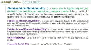 Maintenabilité(Maintainability ) : est-ce que le logiciel requiert peu
d’effort à son évolution par rapport aux nouveaux besoins ? La capacité du
produit logiciel à fournir une performance appropriée, par rapport à la
quantité de ressources utilisées, en dessous les conditions indiquées.
Facilité d'analyse(Analysability ) : La capacité du produit logiciel à être diagnostiqué
pour des déficiences ou des causes de défaillances dans le logiciel, ou pour que les pièces à
modifier soient identifiées.
Facilité de modification(Changeability) : La capacité du produit logiciel à permettre
l’implémentation d'une modification spécifiée (l'implémentation inclut le codage, la conception et
la documentation des modifications).
Stabilité(Stability) : La capacité du logiciel à éviter les effets inattendus des modifications du
logiciel.
Testabilité(Testability) : La capacité du logiciel à valider les modification.
FACTEURS & CRITÈRESLA NORME ISO9126>
PROF Y.BOUKOUCHI - ENSA D'AGADIR
 