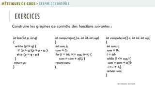 EXERCICES
Construire les graphes de contrôle des fonctions suivantes :
int lcm(int p, int q)
{
while (p != q) {
if (p > q) {p = p - q; }
else {q = q - p;}
}
return p;
}
int compute(int[] a, int inf, int sup)
{
int sum, i;
sum = 0;
i = inf;
while (i <= sup) {
sum = sum + a[i];
i = i + 1;}
return sum;
}
int compute(int[] a, int inf, int sup)
{
int sum, i;
sum = 0;
for (i = inf; i<= sup; i++) {
sum = sum + a[i]; }
return sum;
}
GRAPHE DE CONTRÔLEMÉTRIQUES DE CODE>
PROF Y.BOUKOUCHI - ENSA D'AGADIR
 