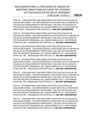 REGLAMENTO PARA LA PROVISIÓN DE CARGOS DE
MAESTROS DIRECTORES EN CARÁCTER INTERINO
Y/O SUPLENCIAS EN ESCUELAS APRENDER
(CIRCULAR 73/2011)

2014

ÍTEM 18 – CON MAESTROS SUB DIRECTORES EFECTIVOS EN ESCUELAS DE
EDUCACIÓN COMÚN , SIN ANTECEDENTES CALIFICADOS EN LA FUNCIÓN DE
ESCUELAS DE REQUERIMIENTO PRIORITARIO, CON UNA CALIFICACIÓN DE
APTITUD DOCENTE PROMEDIAL DEL GRADO MÍNIMA DE 81. CON CURSO DE
DIRECTORES, ORDENADOS POR ARTÍCULO 13-NO HAY ASPIRANTES
ITEM 19– CON MAESTROS DIRECTORES EFECTIVOS EN ESCUELAS DE
EDUCACIÓN COMÚN , CON ANTECEDENTES CALIFICADOS EN LA FUNCIÓN DE
ESCUELAS DE REQUERIMIENTO PRIORITARIO, CON UNA CALIFICACIÓN DE
APTITUD DOCENTE PROMEDIAL DEL GRADO MÍNIMA DE 91. CON PRIMERA
ETAPA DEL IMS , ORDENADOS POR ARTÍCULO 13. NO HAY ASPIRANTES
ÍTEM 20 -CON MAESTROS DIRECTORES EFECTIVOS EN ESCUELAS DE
EDUCACIÓN COMÚN , CON ANTECEDENTES CALIFICADOS EN LA FUNCIÓN DE
ESCUELAS DE REQUERIMIENTO PRIORITARIO, CON UNA CALIFICACIÓN DE
APTITUD DOCENTE PROMEDIAL DEL GRADO MÍNIMA DE 91. CON PRIMERA
ETAPA DEL IMS , ORDENADOS POR ARTÍCULO 13. NO HAY ASPIRANTES
ITEM 21– CON MAESTROS DIRECTORES EFECTIVOS EN ESCUELAS DE
EDUCACIÓN COMÚN , CON ANTECEDENTES CALIFICADOS EN LA FUNCIÓN DE
ESCUELAS DE REQUERIMIENTO PRIORITARIO, CON UNA CALIFICACIÓN DE
APTITUD DOCENTE PROMEDIAL DEL GRADO MÍNIMA DE 81. CON PRIMERA
ETAPA DEL IMS , ORDENADOS POR ARTÍCULO 13. NO HAY ASPIRANTES
ÍTEM 22 – CON MAESTROS SUB-DIRECTORES EFECTIVOS EN ESCUELAS DE
EDUCACIÓN COMÚN , CON ANTECEDENTES CALIFICADOS EN LA FUNCIÓN DE
ESCUELAS DE REQUERIMIENTO PRIORITARIO, CON UNA CALIFICACIÓN DE
APTITUD DOCENTE PROMEDIAL DEL GRADO MÍNIMA DE 81. CON PRIMERA
ETAPA DEL IMS, ORDENADOS POR ARTÍCULO 13. NO HAY ASPIRANTES
ITEM 23– CON MAESTROS DIRECTORES EFECTIVOS EN ESCUELAS DE
EDUCACIÓN COMÚN , SIN ANTECEDENTES CALIFICADOS EN LA FUNCIÓN DE
ESCUELAS DE REQUERIMIENTO PRIORITARIO, CON UNA CALIFICACIÓN DE
APTITUD DOCENTE PROMEDIAL DEL GRADO MÍNIMA DE 91. CON PRIMERA
ETAPA DEL IMS , ORDENADOS POR ARTÍCULO 13.-NO HAY ASPIRANTES
ÍTEM 24 – CON MAESTROS SUB-DIRECTORES EFECTIVOS EN ESCUELAS DE
EDUCACIÓN COMÚN , SIN ANTECEDENTES CALIFICADOS EN LA FUNCIÓN DE
ESCUELAS DE REQUERIMIENTO PRIORITARIO, CON UNA CALIFICACIÓN DE
APTITUD DOCENTE PROMEDIAL DEL GRADO MÍNIMA DE 91. CON PRIMERA
ETAPA DEL IMS, ORDENADOS POR ARTÍCULO 13.NO HAY ASPIRANTES

4

 